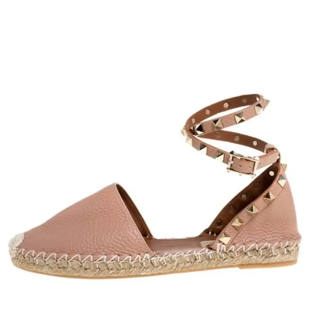 Valentino Garavani Rockstud Pink Leather Espadrille Ankle Wrap Flats Size 37